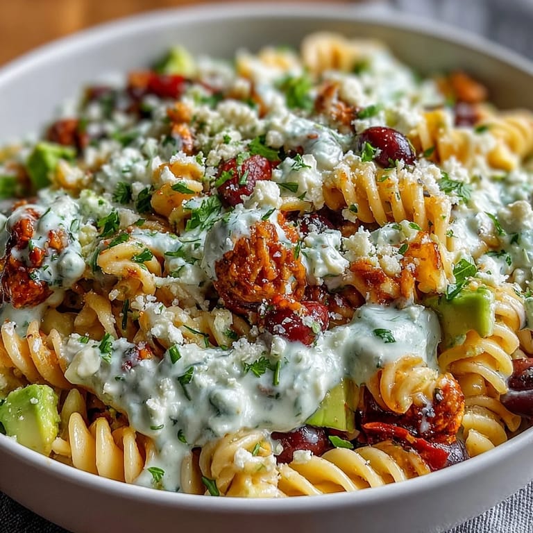 Creamy taco pasta salad with crunchy tortilla chips, diced avocado, and bold Tex-Mex flavors, ideal for easy summer entertaining.