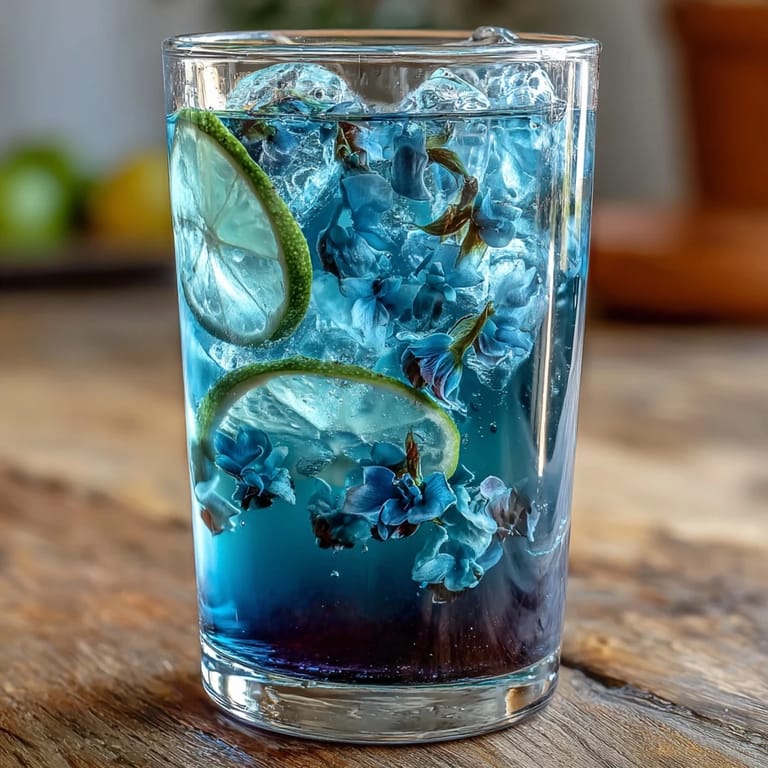 Magical color-changing butterfly pea flower lemonade, showing deep blue hue with fresh lemon slices, perfect for summer parties and refreshing sips.