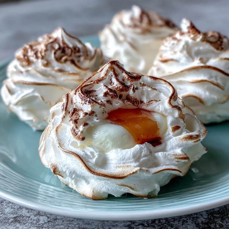 Whipped egg whites baked into cloud shapes with runny yolks, perfect for a light and elegant brunch.