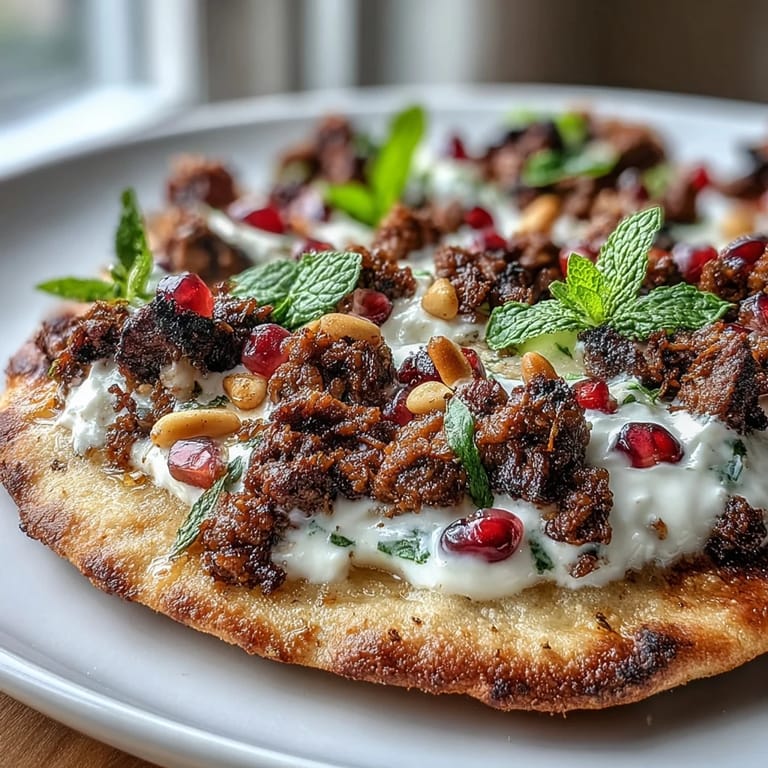 Warm spiced lamb and creamy Greek yogurt top a crispy flatbread, garnished with ruby pomegranate seeds and fresh mint for a burst of flavor.