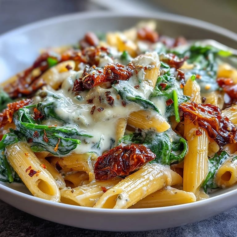 Flavorful one-pot Tuscan pasta with baby spinach, Parmesan, and a touch of red pepper flakes for a comforting meal.