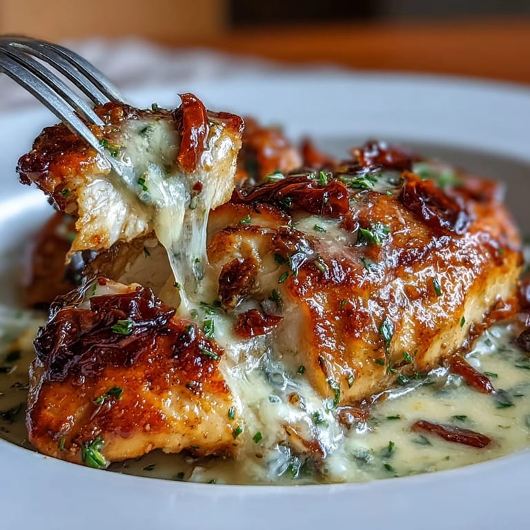 Golden seared chicken breasts simmered in a luscious cream sauce with herbs and sun-dried tomatoes, perfect for a cozy dinner.