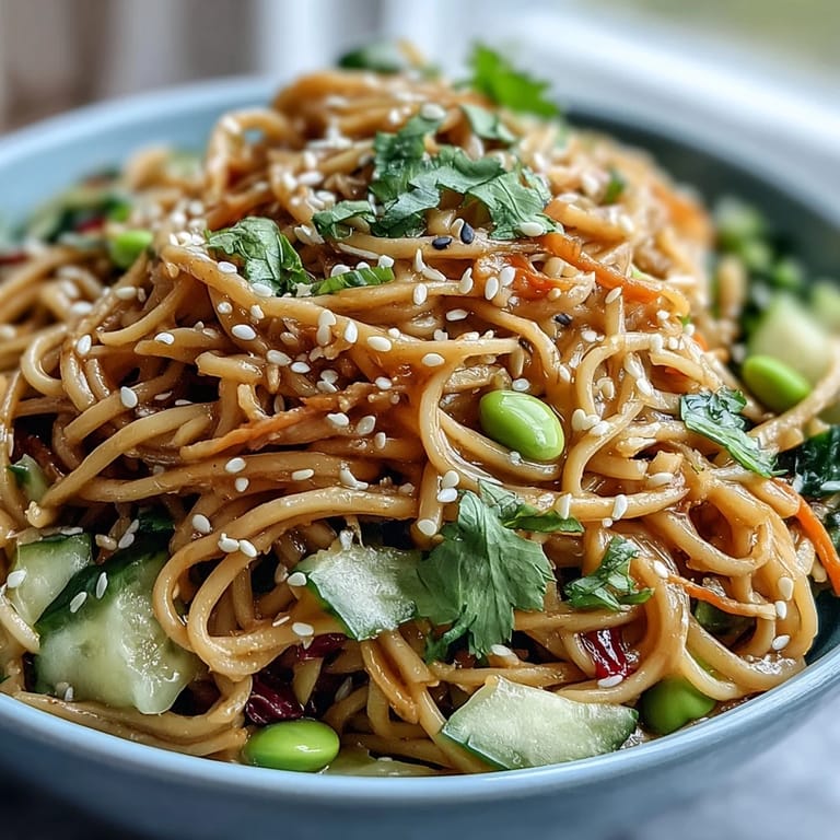 Sesame ginger noodle bowl featuring crunchy cabbage, edamame, and cucumber in a flavorful Asian-inspired dressing.  