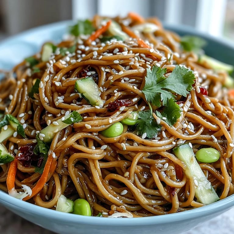Colorful sesame ginger noodle bowl with soba noodles, fresh vegetables, and a tangy ginger dressing, garnished with sesame seeds.