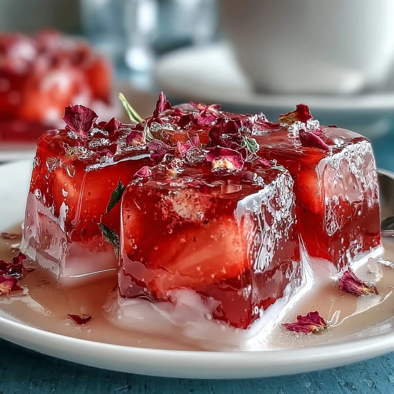 Jeweled strawberry rose gelatin cake shimmering in a delicate, light cream.
