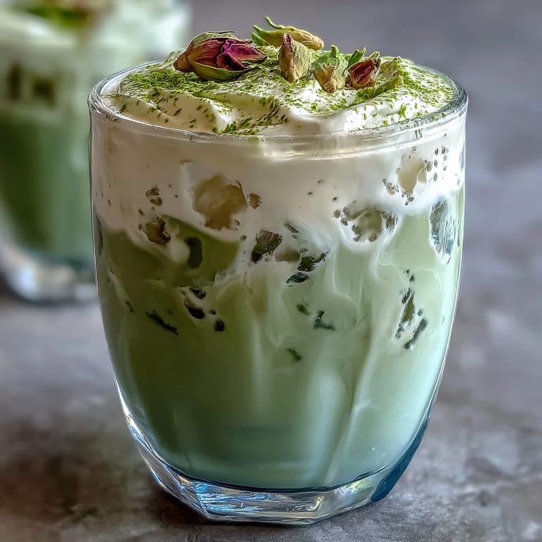 Vibrant Mother's Day Iced Matcha Latte topped with luscious, whipped vanilla cold cream.