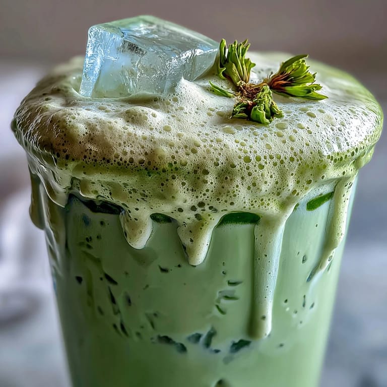 Silkly smooth Mother's Day Iced Matcha Latte with sweet, airy vanilla cold foam topping.