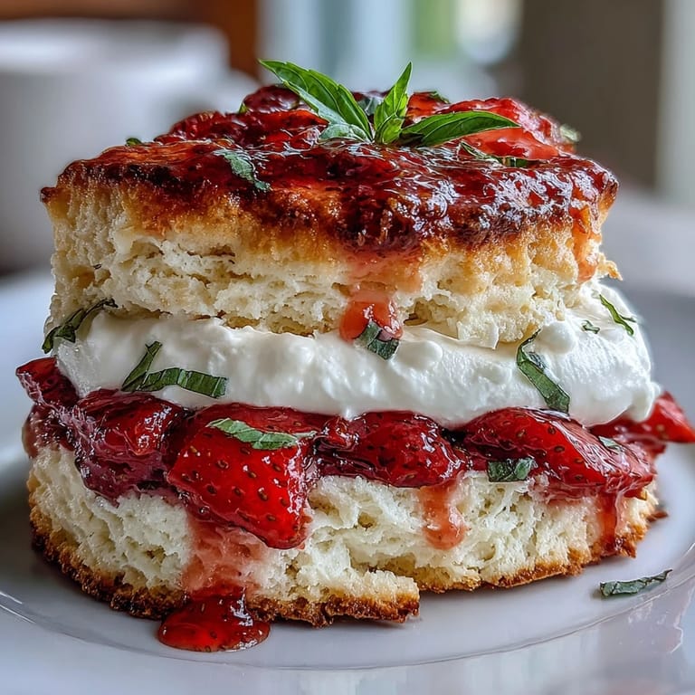 Enjoy tender Strawberry Basil Shortcake Biscuits piled high with fruit filling.