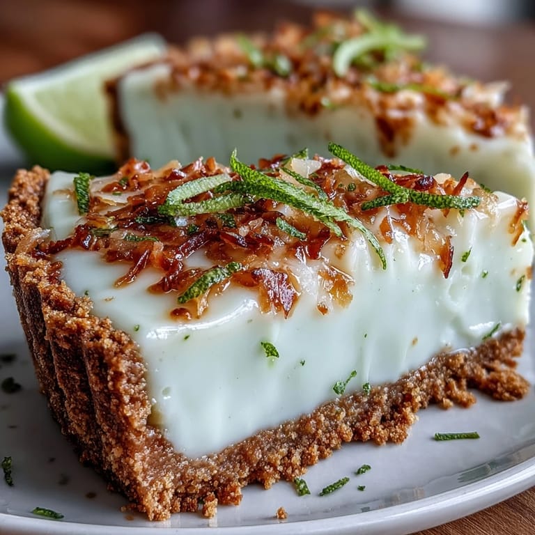 A vibrant slice of Coconut Lime Tart, topped with coconut flakes.