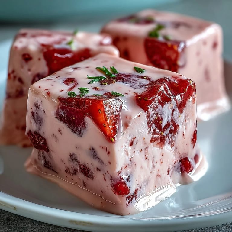 A slice of strawberry rose gelatin mosaic cake on a serving plate.