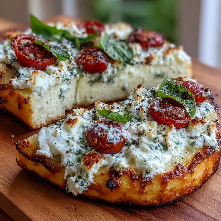 Hearty viral cottage cheese flatbread, topped generously with pesto, tomatoes, and basil.