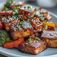 Vegan teriyaki tofu sheet pan stir-fry with crisp broccoli, peppers, and golden tofu glazed in savory sauce.  