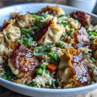 Delicious Trader Joe's Dumpling Fried Rice with colorful veggies and savory soy sauce, served hot in a skillet for a satisfying meal.