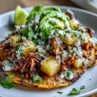 Crispy tostadas layered with seasoned chicken, zesty pineapple salsa, and creamy lime crema for a vibrant Mexican-inspired meal.  