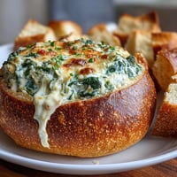 St. Patrick's Day Spinach Artichoke Dip Bread Bowl with melted cheese and crusty sourdough.