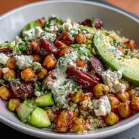 Fresh lemon vinaigrette grain bowls with roasted chickpeas, colorful veggies, and creamy avocado slices for a healthy, plant-based meal.  