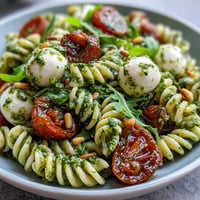Fresh summer pasta salad with pesto, cherry tomatoes, and mozzarella, served on a white plate with vibrant green basil leaves.