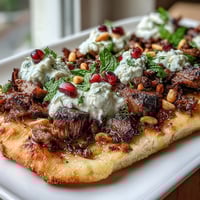 Spiced lamb flatbread pizza with creamy yogurt, pomegranate, and mint, served on a wooden board for a vibrant, Middle Eastern-inspired appetizer.