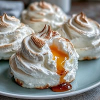 Fluffy baked cloud eggs with golden yolks nestled in airy whites, garnished with fresh chives and Parmesan.