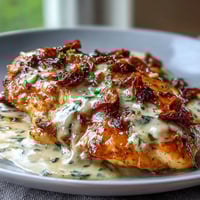 Creamy Marry Me Chicken with sun-dried tomatoes in a rich garlic Parmesan sauce, served hot from the skillet.