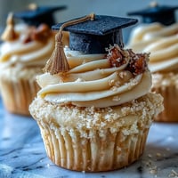 Festive graduation cupcakes adorned with edible black and gold fondant caps.