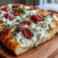 Viral cottage cheese flatbread with pesto and tomato, ready to slice and enjoy.