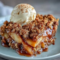 Warm Father's Day Whiskey Caramel Apple Crisp, bubbling with tender apples and rich caramel.
